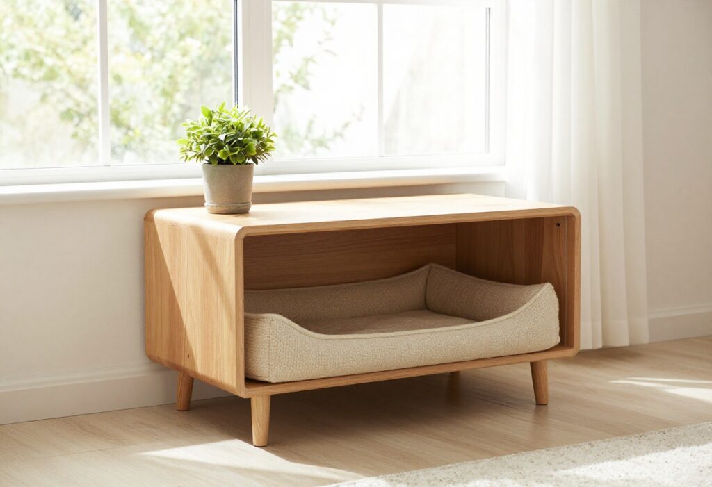 Stylish dog crate furniture blending into a modern living room