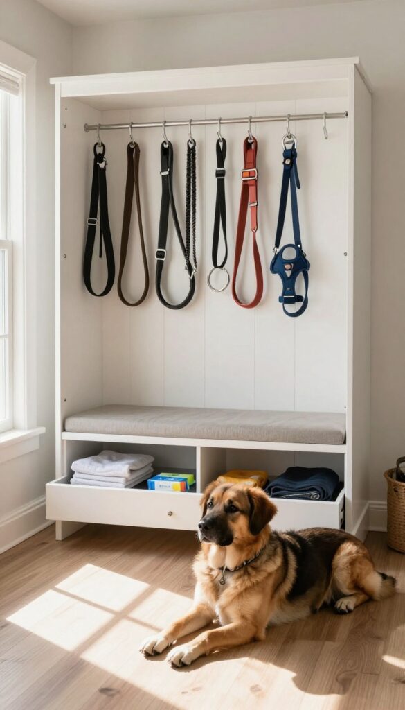 A mudroom locker with hooks for dog leashes and harnesses, a bench, and a pull-out drawer for towels and wipes, with a dog sitting beside it.