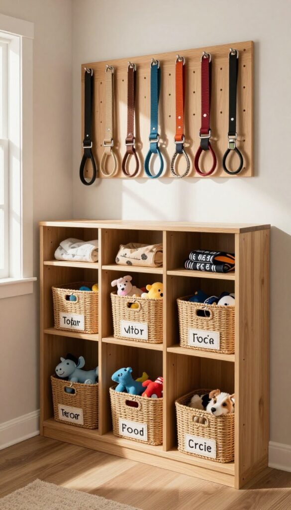 Mudroom dog gear cubby system with labeled baskets and pegboard for leashes