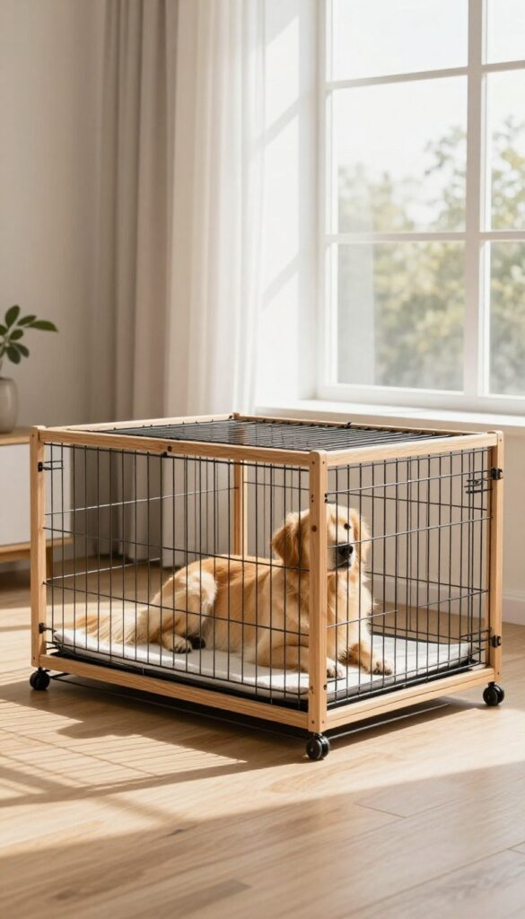 Dog crate on rolling wooden base with casters in bright living room