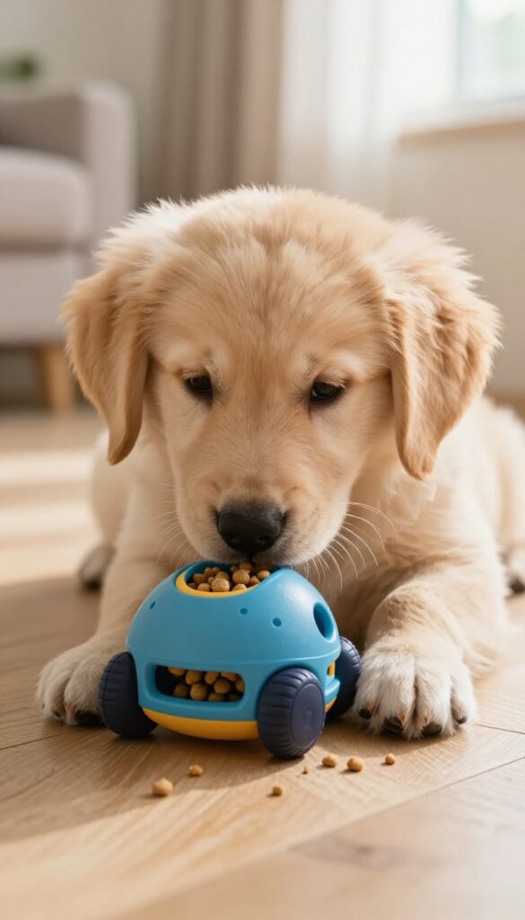 Golden retriever puppy playing with an interactive treat dispensing toy in a sunlit living room