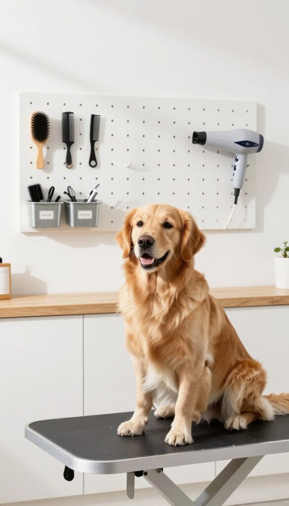 Dog grooming room with white pegboard organizing brushes, combs, and labeled bins, golden retriever on table, bright natural light