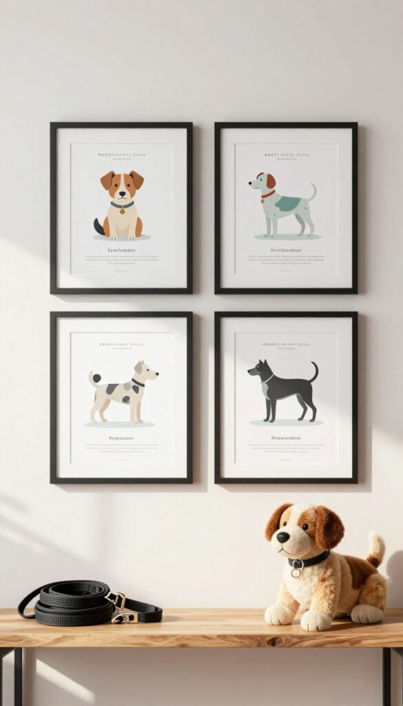 Framed dog breed infographics on a gallery wall with a small shelf displaying a leash and toy