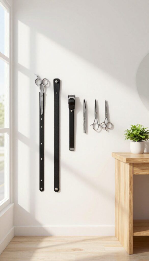 Wall-mounted magnetic strip holding metal dog grooming tools in a bright, organized room.