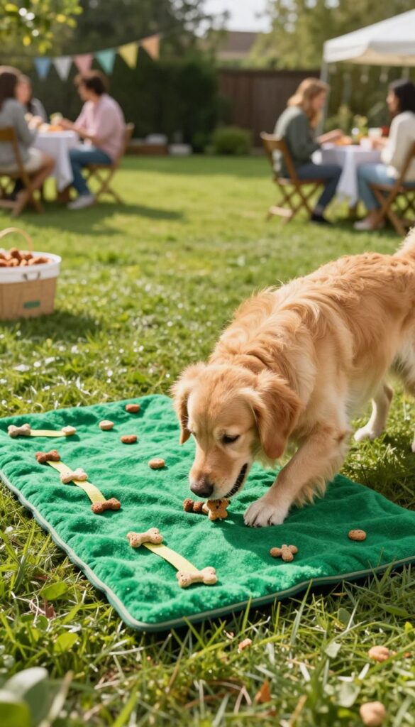 Golden retriever sniffing treats on a snuffle mat in a sunny backyard party setting.
