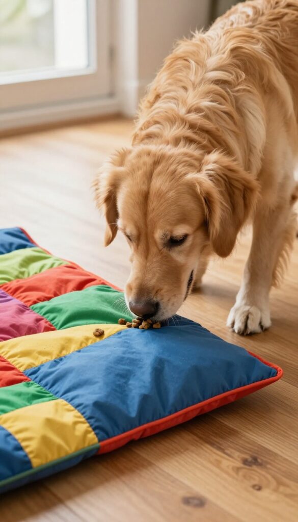 Dog using a snuffle mat to find hidden treats