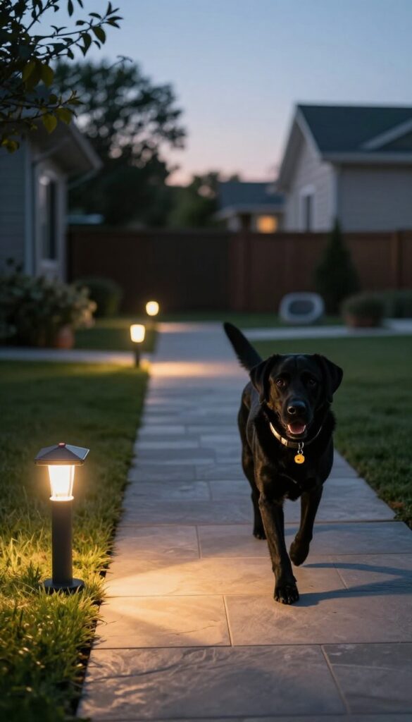 A black dog with a reflective collar walks on a path lit by solar lights in a backyard at dusk.