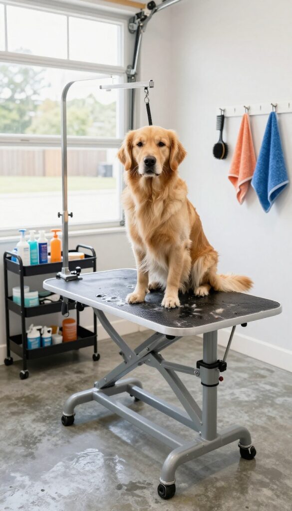 Dog grooming station in garage with adjustable table, non-slip mat, and organized supplies