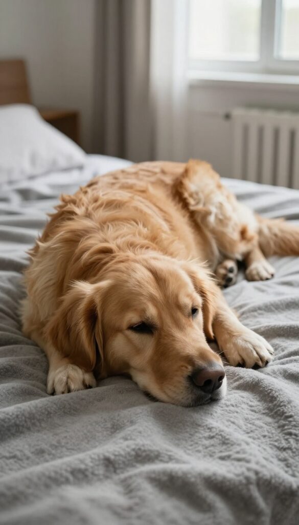 A calm golden retriever resting on a folded blanket in a sunlit room, embodying the loyal and low-key vibe of the name Toby.