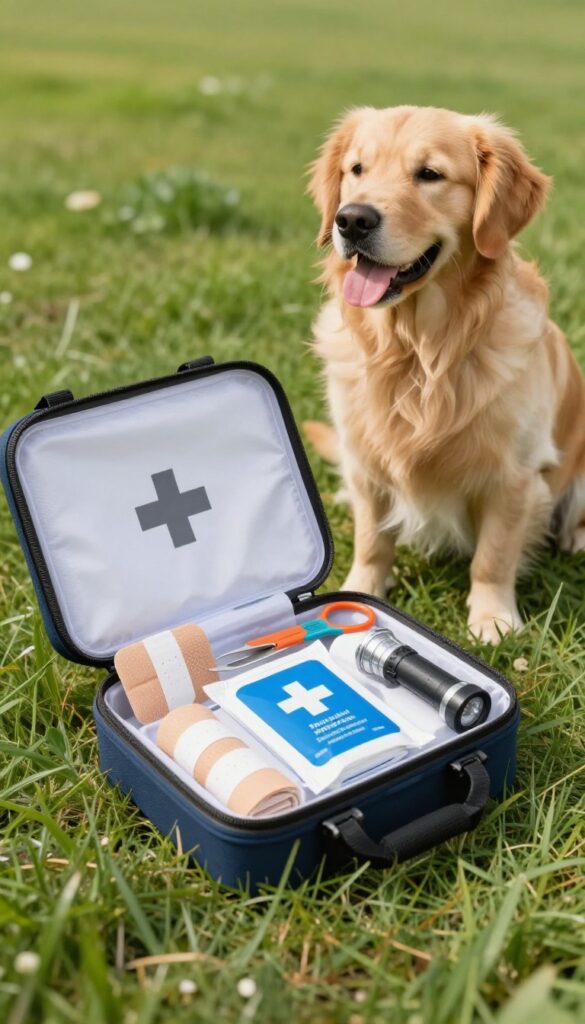 Dog first aid kit with supplies on blanket in sunny field with Golden Retriever
