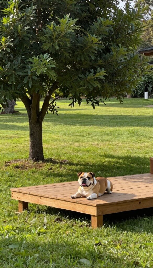 Raised wooden platform for dog cooling off in shaded backyard