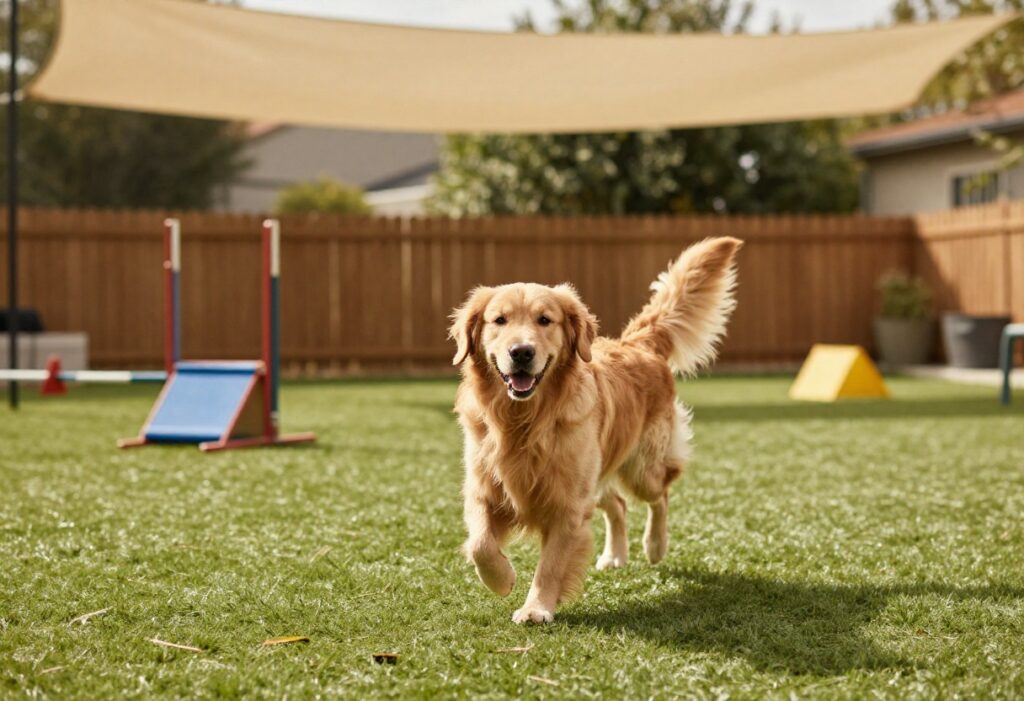 Happy golden retriever running in a backyard dog run with turf, shade sail, and agility equipment.