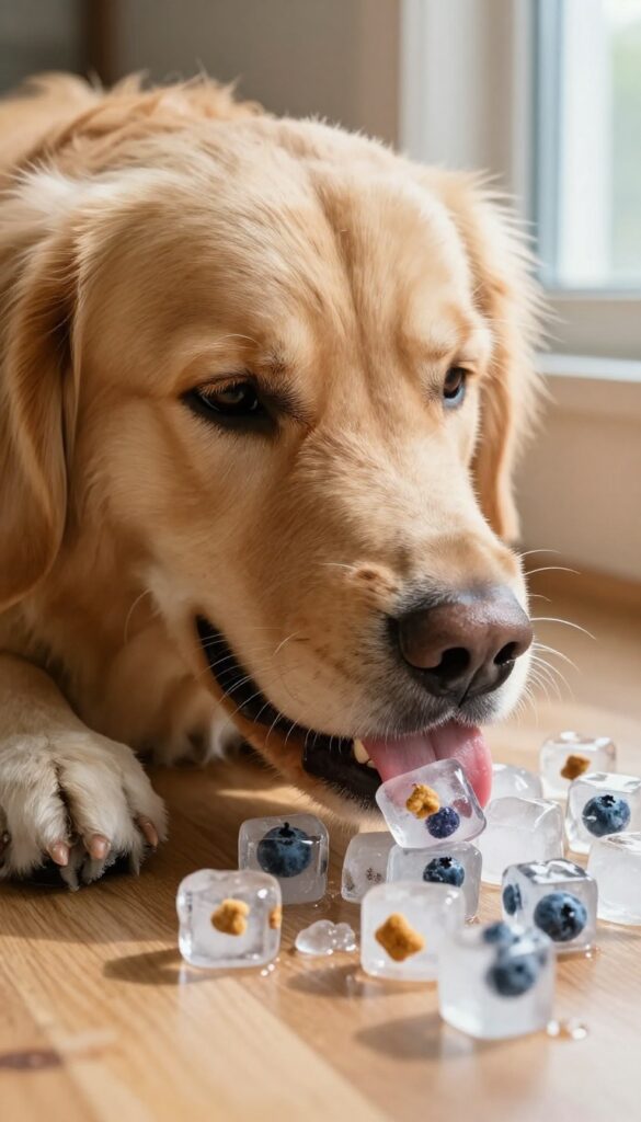 Golden retriever about to lick a colorful ice cube treat on a wooden floor