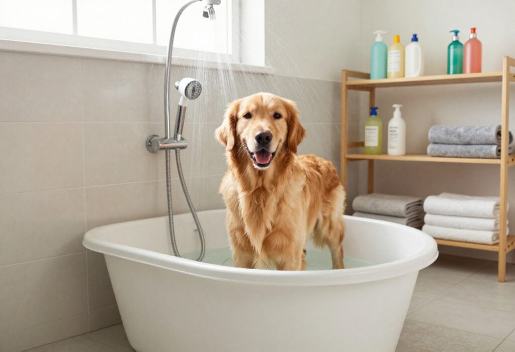 Dog wash room with raised tub and organized supplies, golden retriever inside tub