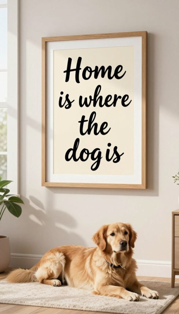 Framed inspirational dog quote sign on a living room wall above a dog bed, with natural light and cozy decor.