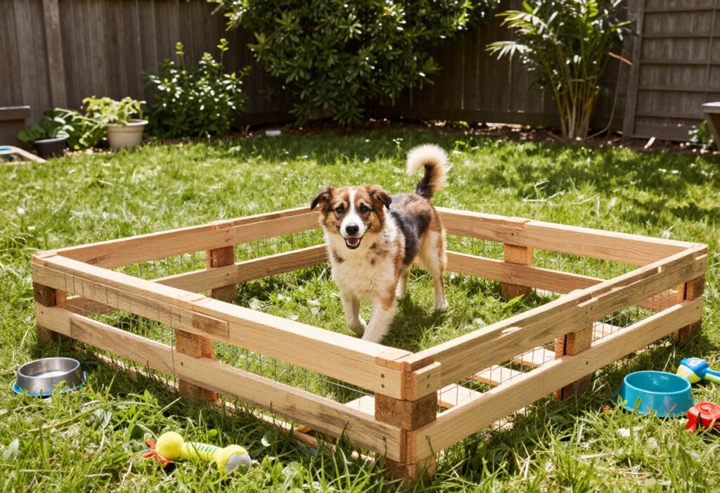 Happy dog running in a DIY wooden pallet dog run in a sunny backyard