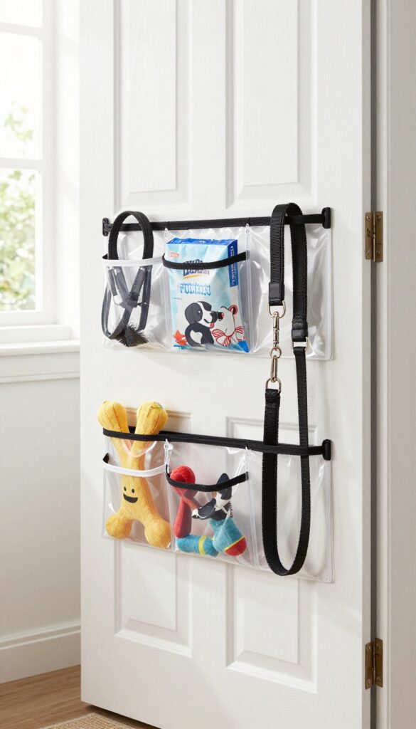 Over-the-door hanging organizer with clear pockets holding dog accessories in a mudroom