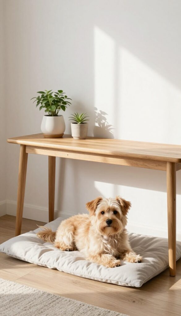 Dog crate hidden under console table with lamp and plant on top