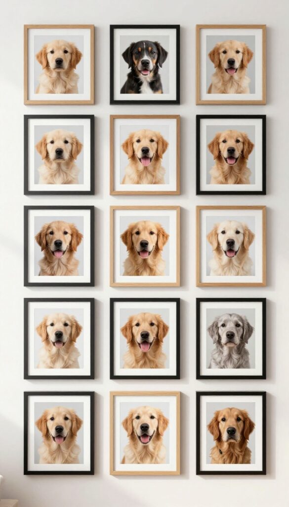 Gallery wall of dog photos in matching frames on a bright living room wall