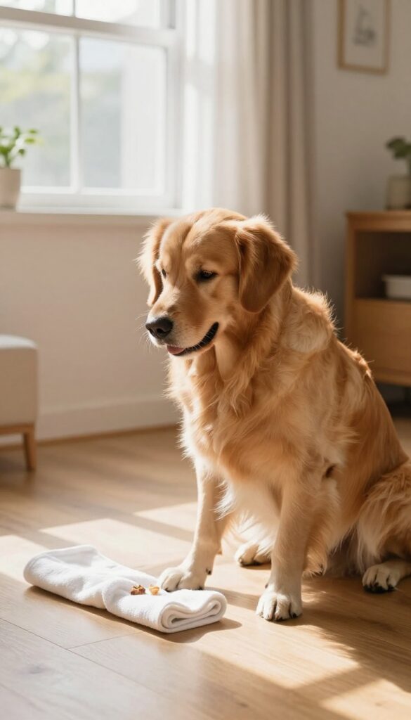 Golden retriever playing towel roll-up game with treats on sunny floor