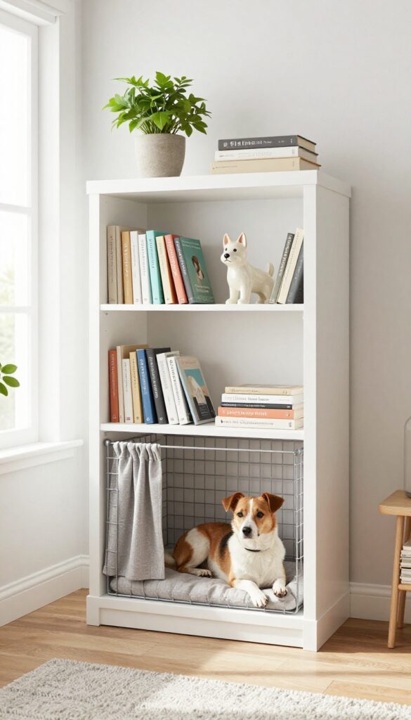 Built-in bookshelf kennel table with dog inside crate, books and decor on upper shelves