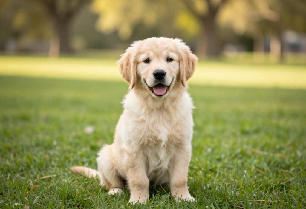 Happy golden retriever puppy sitting on grass with a playful expression