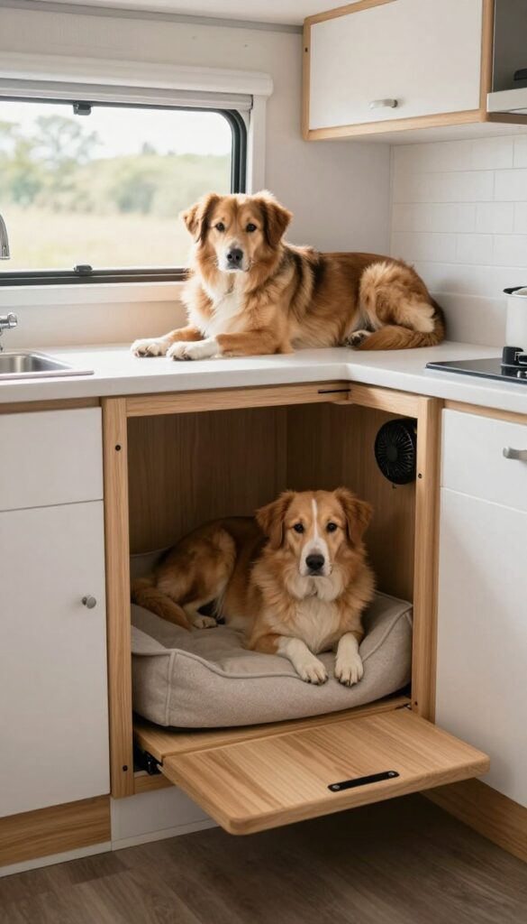 Custom built-in under counter dog kennel in an RV with a dog resting inside, pull-out tray and fan visible.