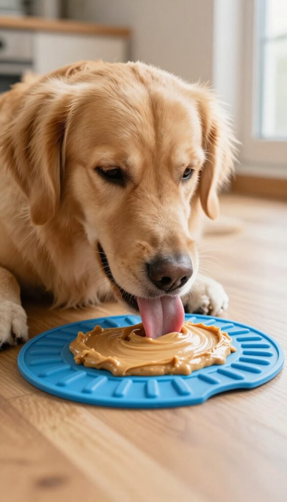 Golden retriever licking a frozen lick mat with peanut butter and yogurt in a sunlit kitchen