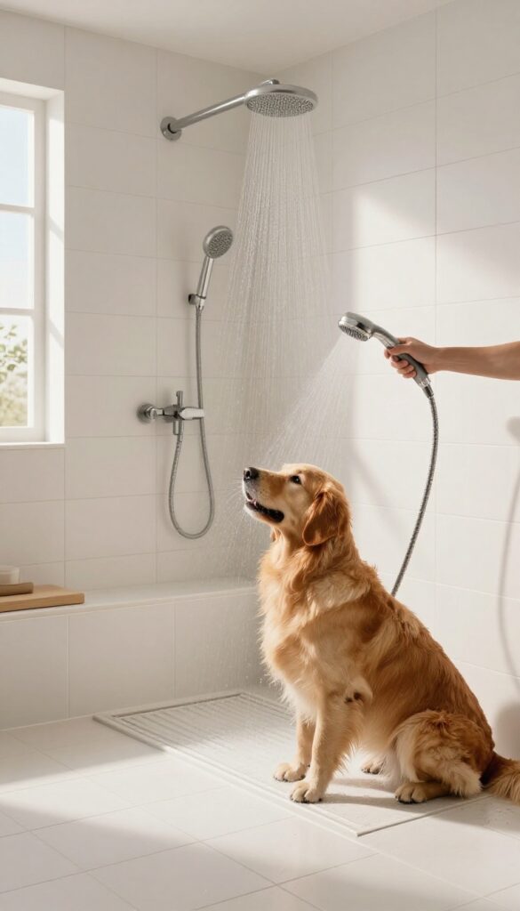 A dog standing on a tiled bench inside a built-in shower nook in a bright laundry room, being bathed with a handheld sprayer.