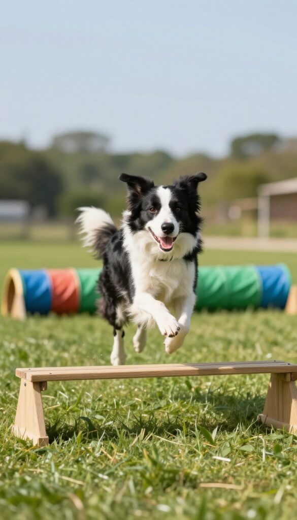 Dog jumping over agility obstacle in sunny backyard with tunnel and weave poles