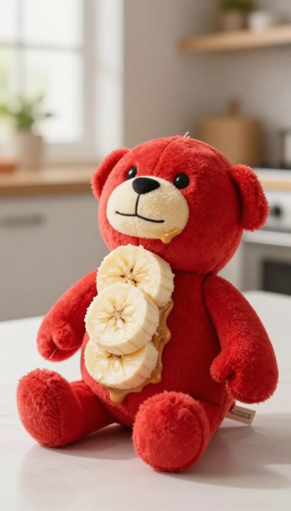 A red Kong toy stuffed with peanut butter and banana, frozen, on a wooden table in bright natural light.