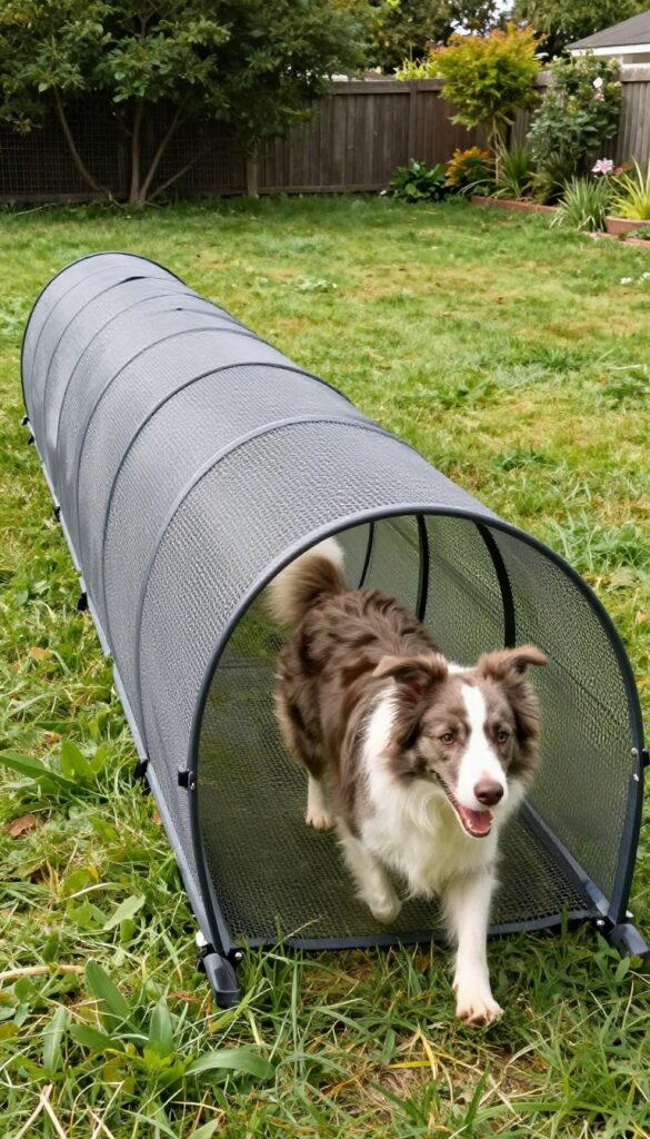 A dog running through a curved cattle panel tunnel run in a sunny backyard.