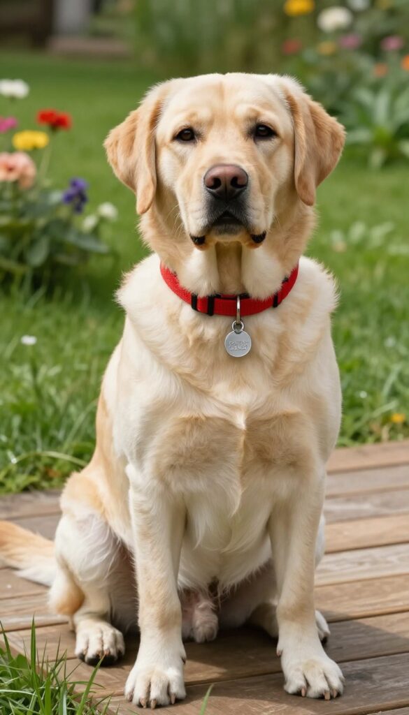 Happy golden Labrador Retriever dog with red collar and engraved tag sitting on sunny deck with flowers.