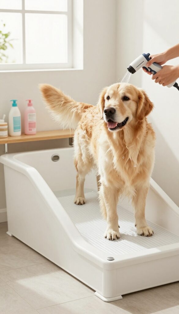 Raised dog washing tub with ramp in a bright mudroom, owner rinsing a Golden Retriever at standing height.