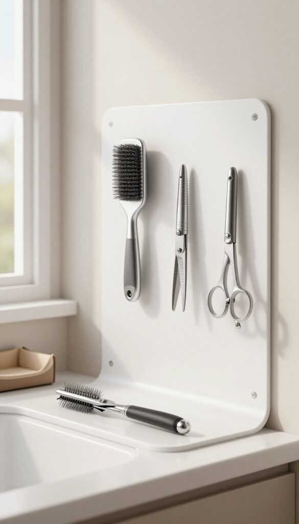 Magnetic strip on laundry room wall holding metal dog grooming tools, with natural light and clean composition
