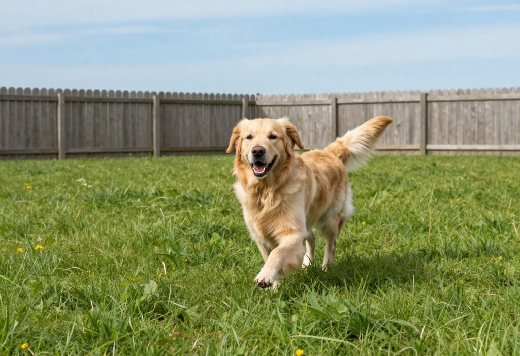 Golden retriever playing in a fenced backyard with a wooden fence