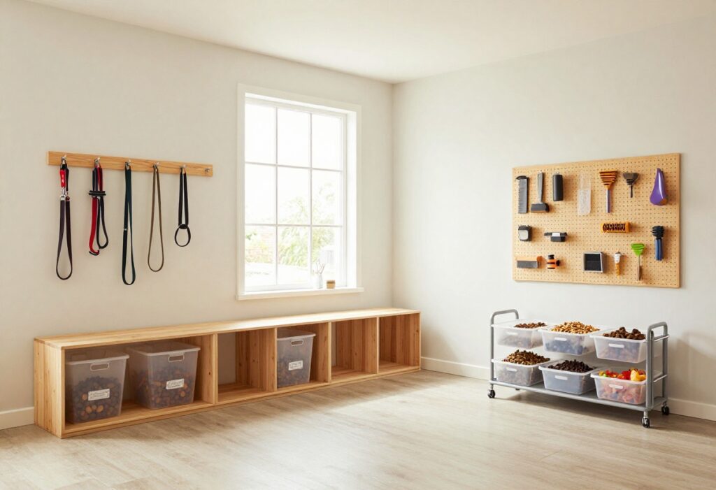 Organized dog kennel room with storage solutions including hooks, rolling cart, and pegboard