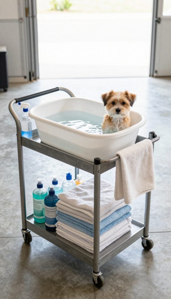 A heavy-duty metal utility cart with a plastic tub on top, towels and shampoo on the lower shelf, and a small dog in the tub.