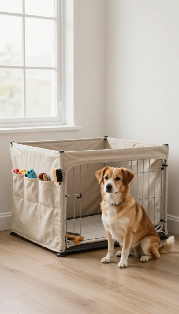 A dog crate with a fabric cover featuring pockets, holding treats and toys, in a bright living room.