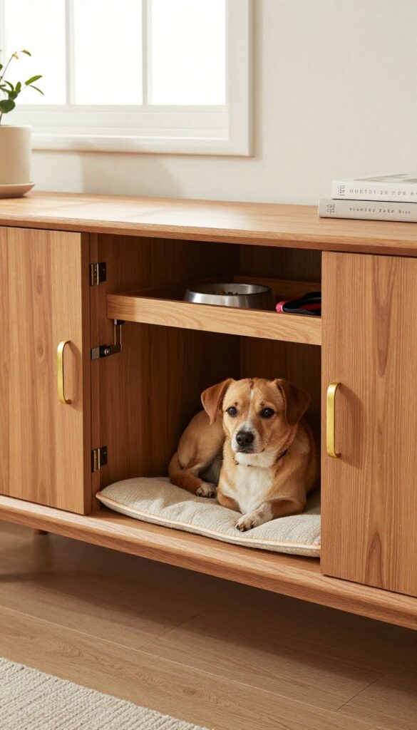 Mid-century credenza with built-in dog kennel and storage cabinets for pet supplies