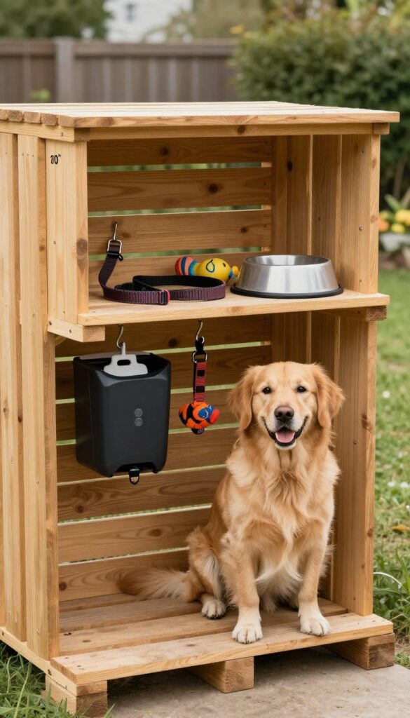Pallet dog kennel with built-in storage shelf holding leash, toys, and bowls, with a golden retriever inside.