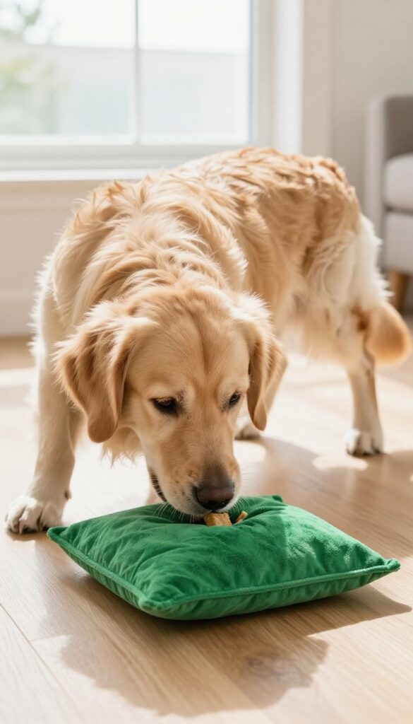 Dog sniffing treats hidden in a snuffle mat on a wooden floor in a bright room