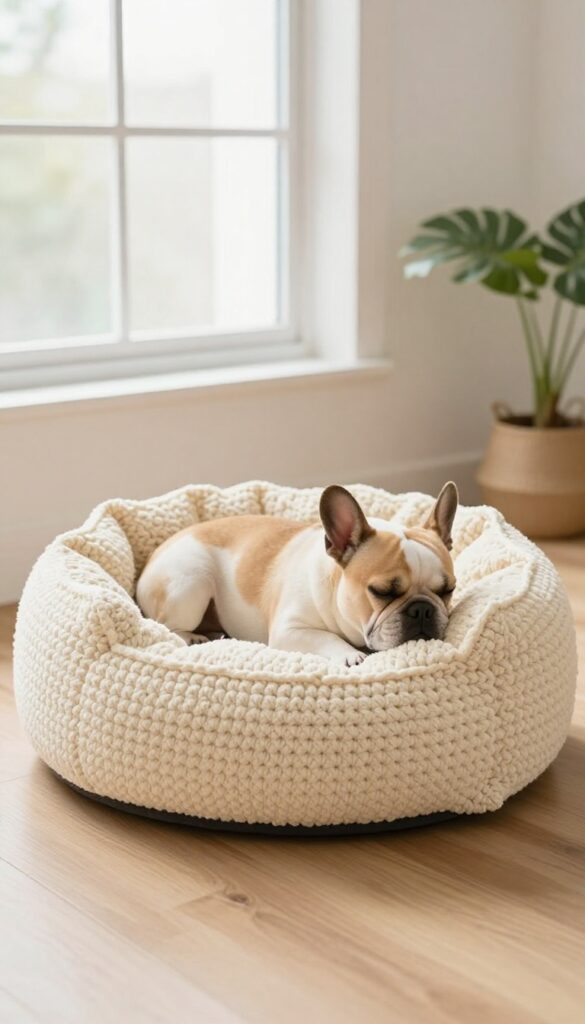 A small dog sleeping on a round crochet bed cushion in a bright room