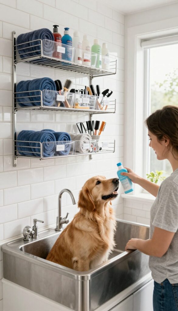 Wall-mounted storage in a dog wash area with supplies organized in clear bins and on a magnetic strip, with a dog and owner during bath time.