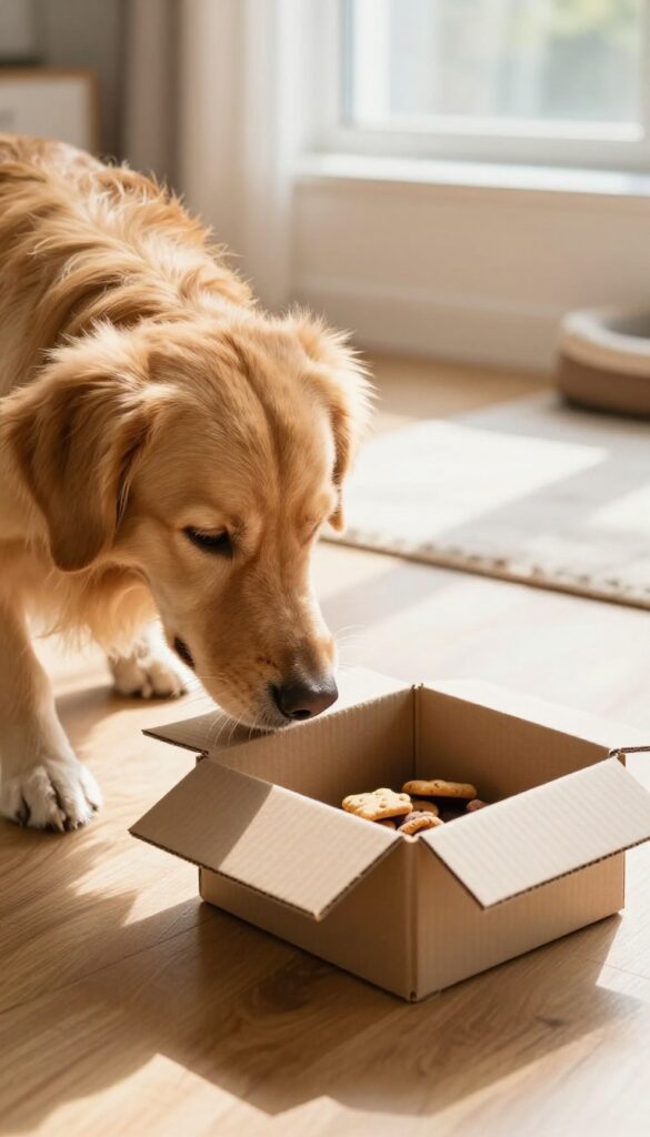 A dog solving a cardboard box puzzle with treats inside