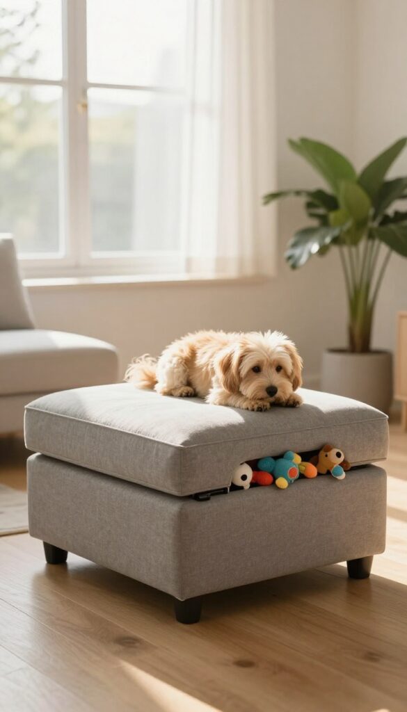 Multi-functional ottoman with toy storage, dog curled up on top, cozy living room