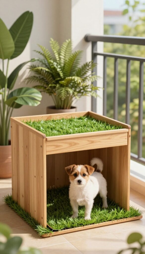 Raised dog potty box on balcony with artificial grass and small dog