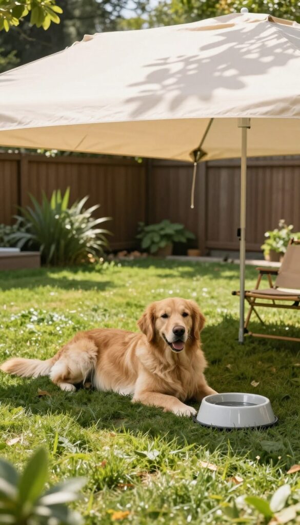 Dog resting under a shade canopy in a backyard dog run on a sunny day