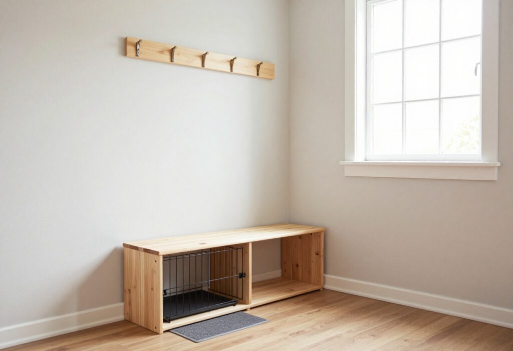 Small mud room with built-in dog crate, leash rack, and washable mat