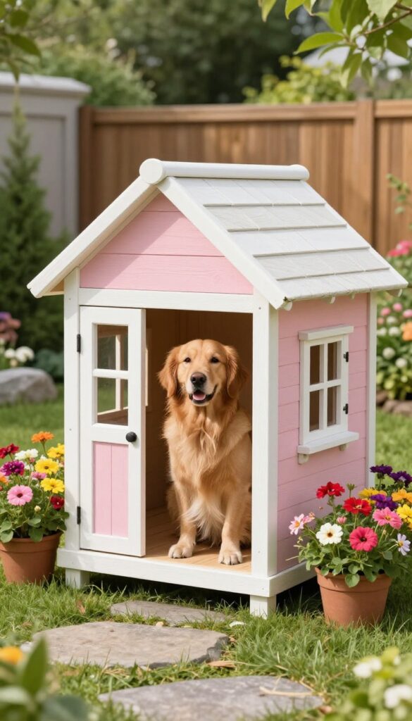 Luxury dog house with porch, windows, and flower boxes in a sunny backyard with a golden retriever on the porch.